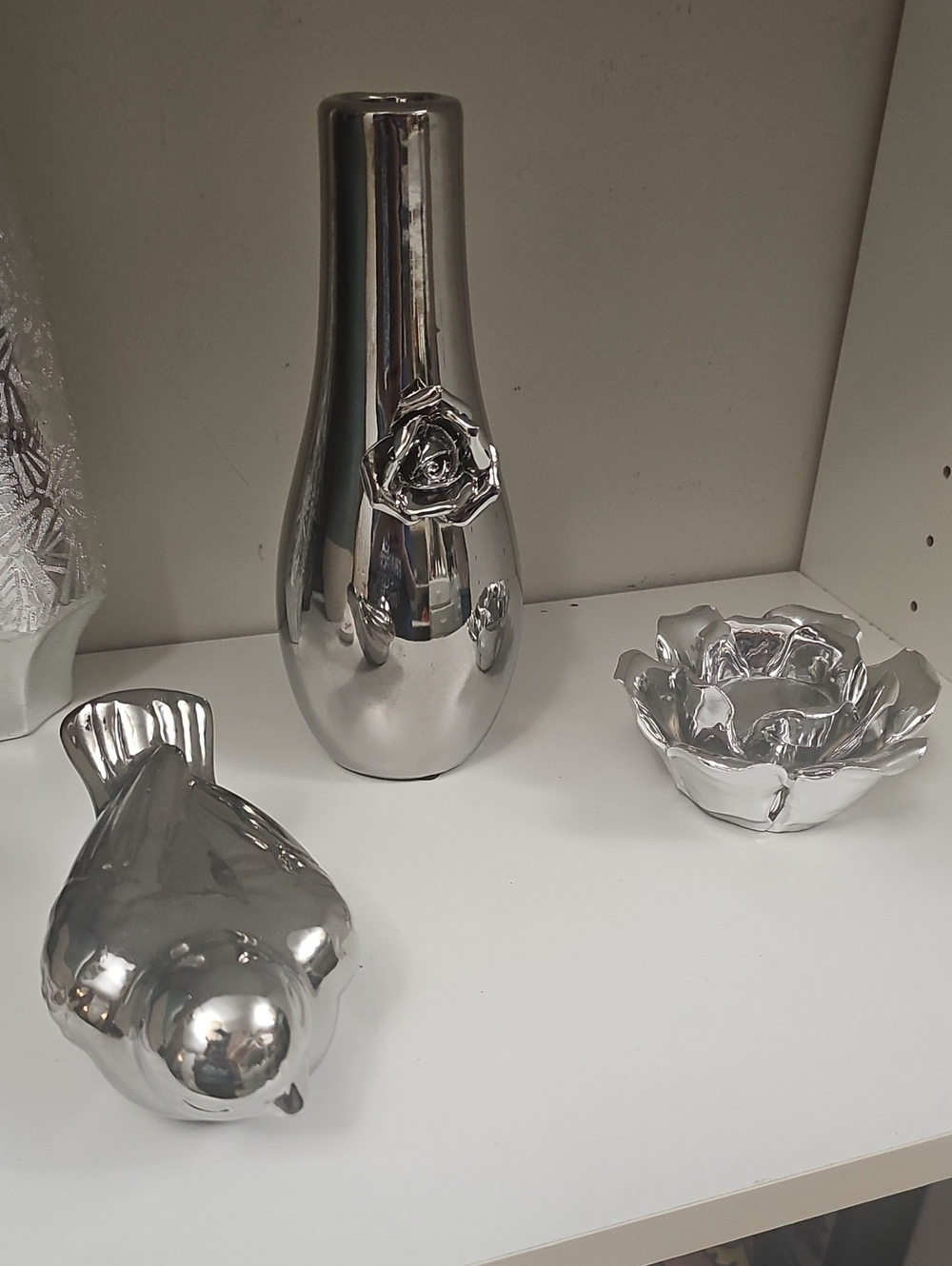 Silver Ceramic Bud Vase 8"H  with Rose Detail,bird And Candle Holder New